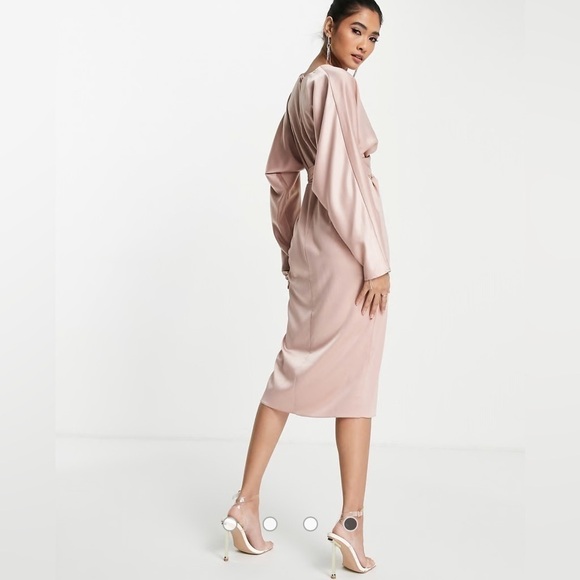 ASOS DESIGN midi dress with batwing sleeve and wrap waist in tan satin sz 4 - Picture 7 of 10